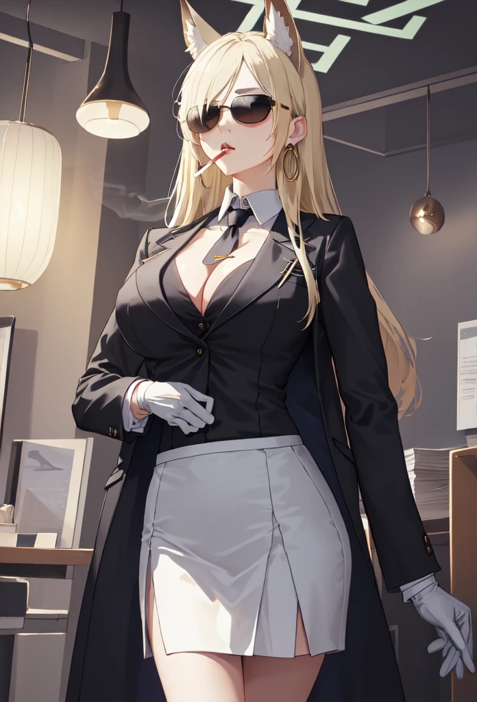 best quality, masterpiece, highres, solo, (kanna_bluearchive:1.10), (black business suit:1.40), (tie:1.20), (sunglasses:1.25), (white gloves:1.15), (white shirt:1.10), (black skirt:1.15), (smoking:1.20), handsome, 27 Cleavage,big breasts, chandelier earrings 