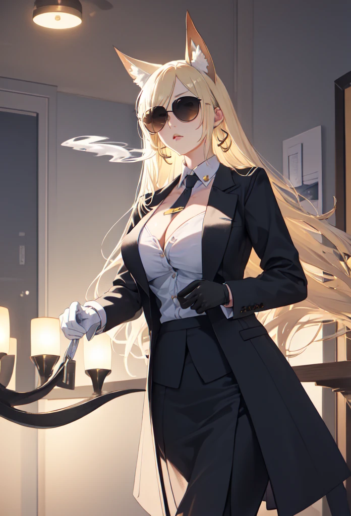 best quality, masterpiece, highres, solo, (kanna_bluearchive:1.10), (black business suit:1.40), (tie:1.20), (sunglasses:1.25), (white gloves:1.15), (white shirt:1.10), (black skirt:1.15), (smoking:1.20), handsome, 27 Cleavage,big breasts, chandelier earrings 