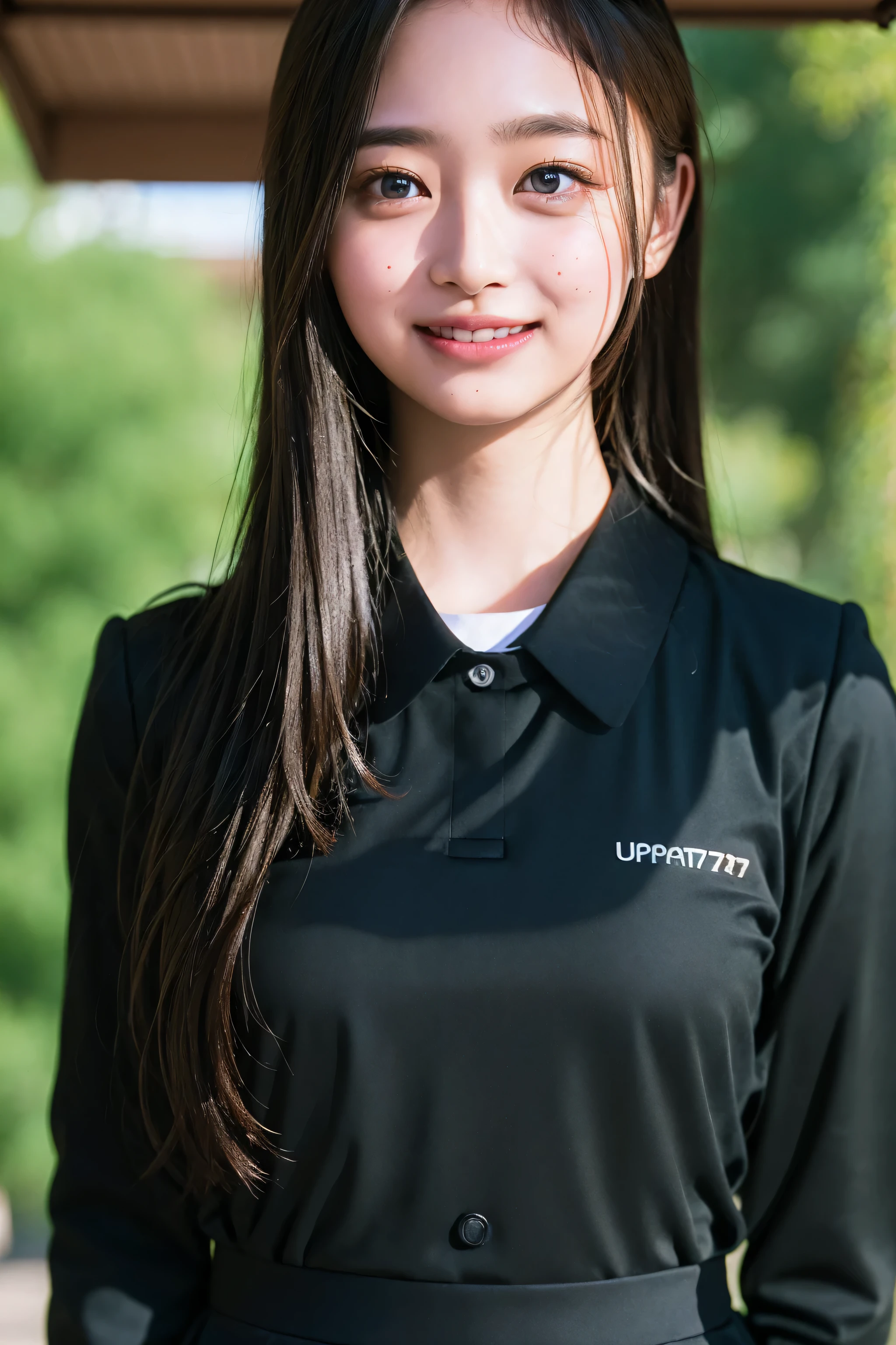 (((upper body shot))),Ultra-high resolution,big eyes,((brown eyes)),Japanese,(forehead),(a girl),(1 girl),((17 years old)),(cute),pretty,((facing at viewer)),arms behind back,grin,(((black uniform)))