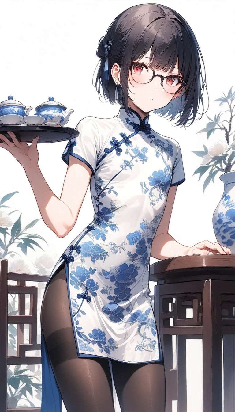 solo,1boy,black stockings, bulge,standing,holding tray,red eyes,flat_chest,glasses,skirt up,black hair,pruplr hair,long bangs,short hair,bob cut,blue and white porcelain chinese-style clothing,blue and white porcelain Chinese dress,blue and white porcelain chinese qipao,blue and white porcelain print dress,headdress,pink apron,teahouse