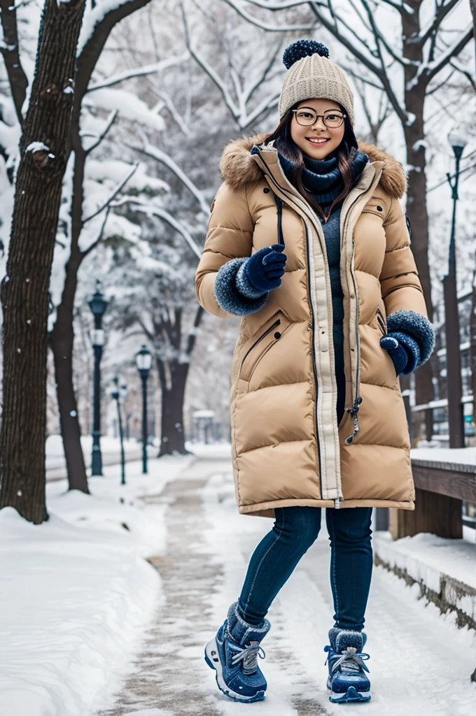 Mei from Overwatch, down coat, down puffer mittens, shoes, walk in park, winter, realistic style
