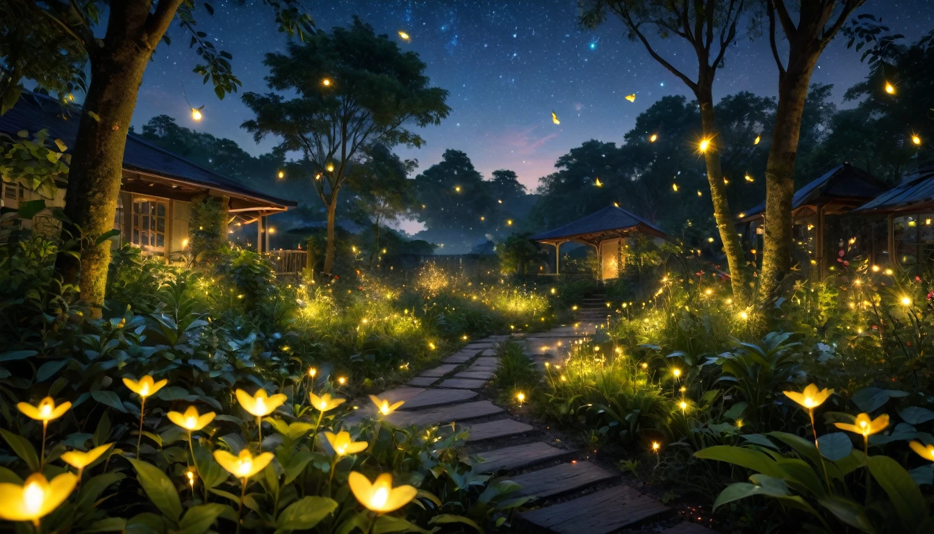 (8K, Top quality, masterpiece: 1.2), (Practical, photoPractical: 1.37), Super Detail, Wide viewing angle, Firefly Garden, Many faint little lights and fireflies flew around, night