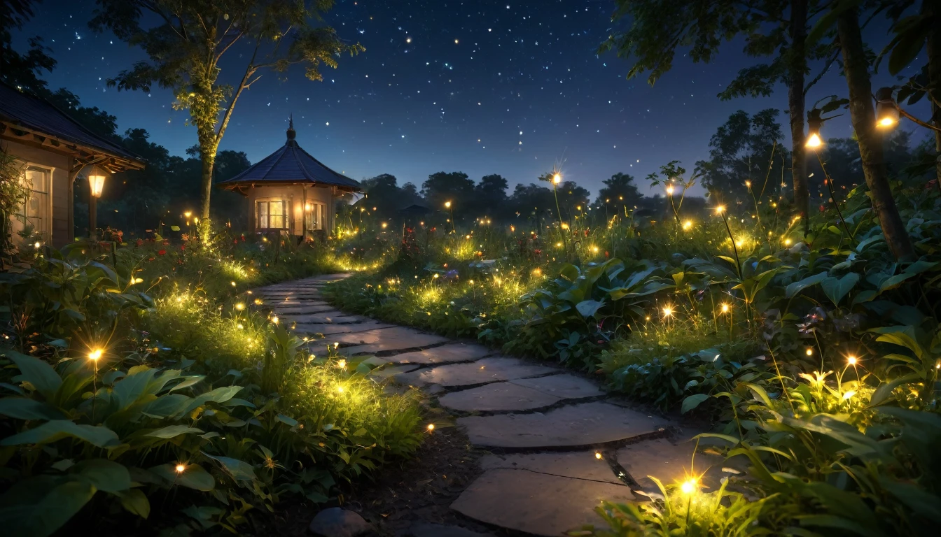 (8K, Top quality, masterpiece: 1.2), (Practical, photoPractical: 1.37), Super Detail, Wide viewing angle, Firefly Garden, Many faint little lights and fireflies flew around, night