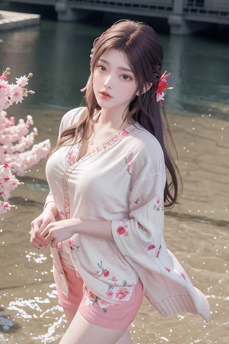 1girl walking on the river, mix4, sweater, pillow, lips, open_mouth, realistic, photo_\(medium\), solo, stuffed_animal, stuffed_toy, teddy_bear,(masterpiece),(photorealistic:1.3), ultra-detailed, (high detailed skin:1.2),(best quality:1.0), (ultra highres:1.0), (ulzzang-6500:0.3), wavy detailed hair, long hair, sunshine, (beautiful detailed makeup), (sexually aroused blushing heavy breathing:1.0), floral theme flower petals scattered, (soft glow bloom:0.5)