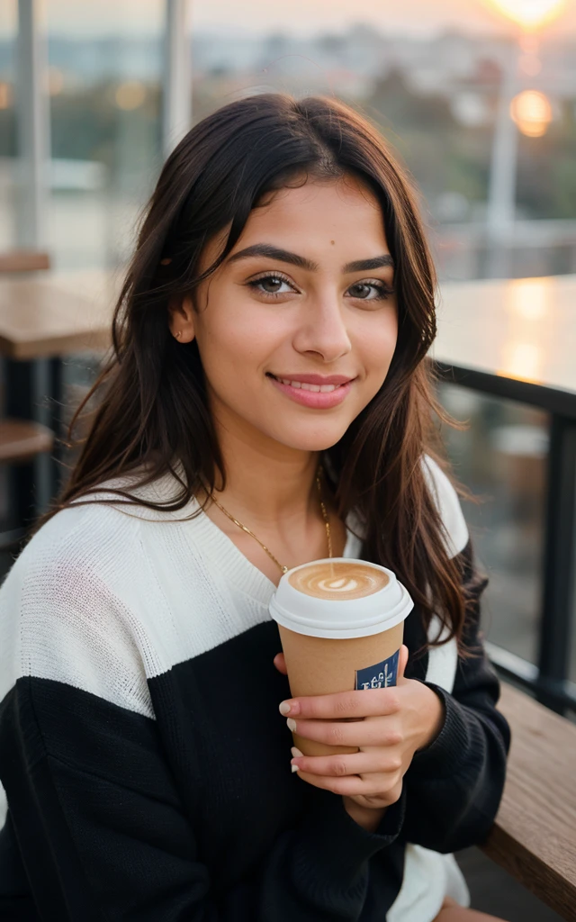Cute beautiful Indian with black sweater (Drinking coffee in a modern café at sunset), muito detalhado, 14years old, innocent face, naturally wavy hair, blue eyes, high-res, masterpiece, best qulaity, Intricate detailing, muito detalhado, sharp focus, detailed skin, realistie Hauttextur, Textur, detailled eyes, professional, 4K, charming smile, taken with Canon, 85 mm, light depth of field, Kodak Vision Color, perfectly fitting body, extremely detail, photoshot_\(ultra\), fotorealisti, realisti, Post processing, maximum details, roughness, real life, ultrarealisti, photoshotrealismus, photoshotgrafie, 8K UHD, photoshotgrafie 1.8