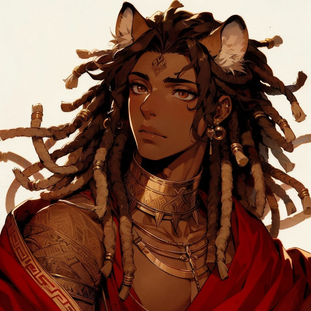 line-less manga style, anime, semi realistic, Baroque Anime Art Style, Male, African American, Lion ears and tail, tribal sandy brown locs, Straight Nose, Full Lips, Thick Full Hair, Deep-Set half-lidded cat like Eyes, strong angular jawline, Arabian drapery red fabric, tribal pride tattoos, Golden neck armor, golden wrist guards, golden arm jewelry, Greek aesthetic, Arabian clothing