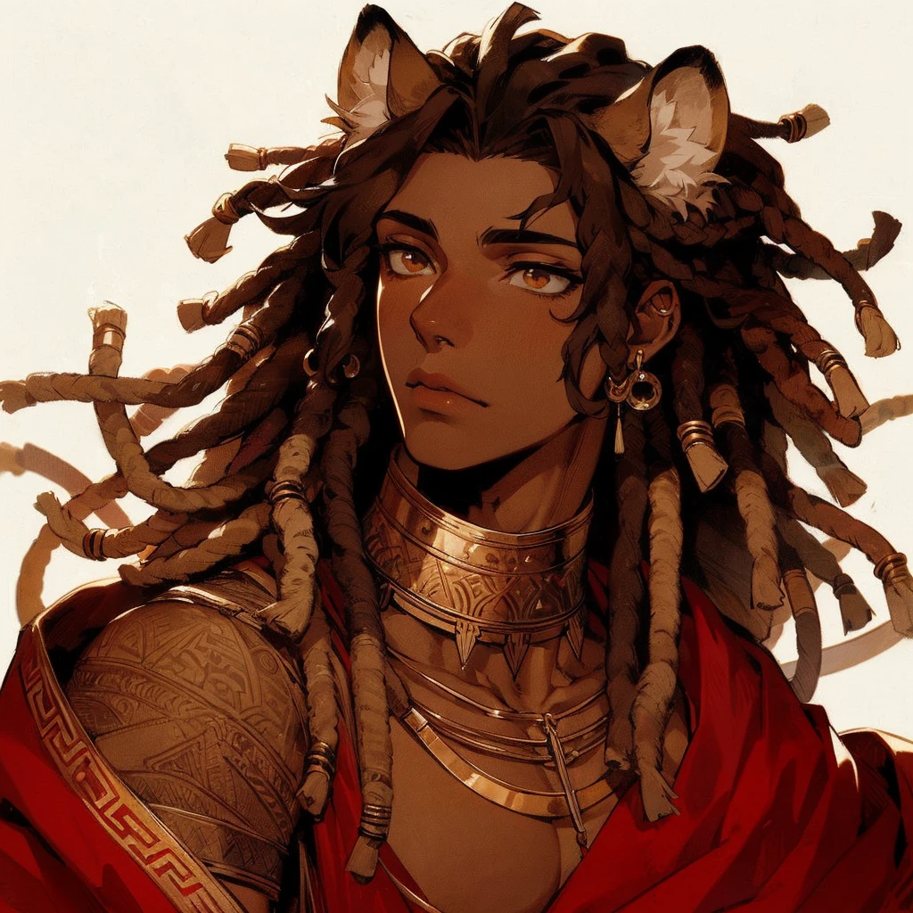 line-less manga style, anime, semi realistic, Baroque Anime Art Style, Male, African American, Lion ears and tail, tribal sandy brown locs, Straight Nose, Full Lips, Thick Full Hair, Deep-Set half-lidded cat like Eyes, strong angular jawline, Arabian drapery red fabric, tribal pride tattoos, Golden neck armor, golden wrist guards, golden arm jewelry, Greek aesthetic, Arabian clothing