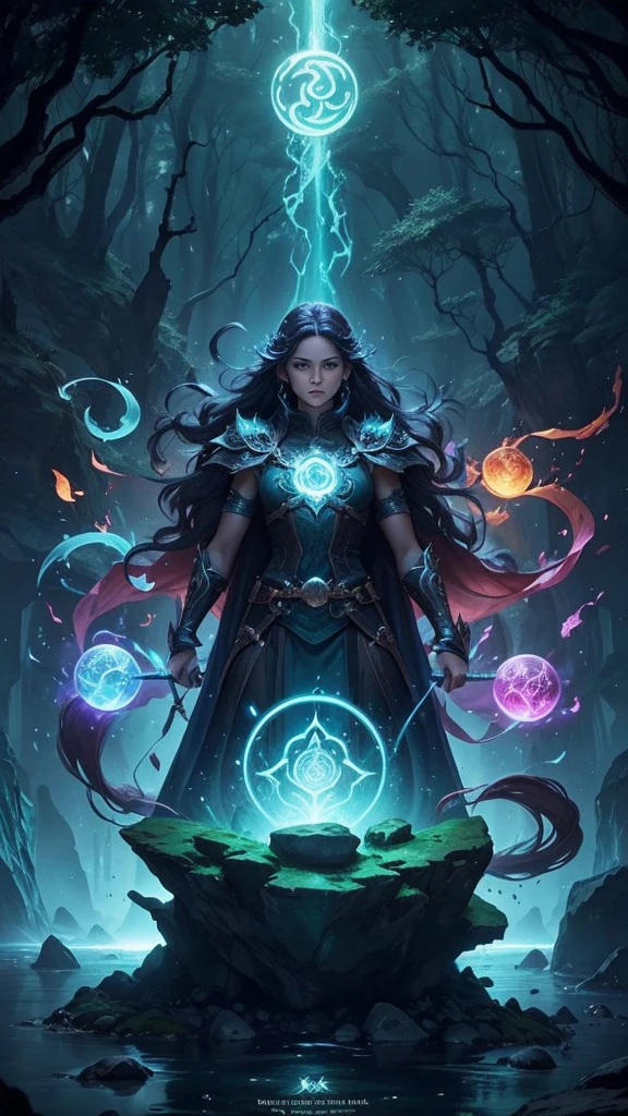 Central Symbol:A prominent illustration of the four Elemental Stones, each glowing with their respective colors (green for Earth, blue for Water, red for Fire, and white or yellow for Air). Arrange them in a circular pattern to signify their unity and balance.Background:A mystical, enchanted forest or a magical landscape, perhaps with a castle or ancient ruins in the distance. This sets the fantasy tone and provides a sense of adventure.Characters:Silhouettes or semi-transparent images of the four Guardians, each showcasing their elemental abilities (e.g., Elara with wind swirling around her, Kael with a rocky aura, Liora surrounded by flames, and Nerin with water currents).Title Font:Use a bold, ornate, and slightly magical font for the title "Guardians of the Elemental Stones." The title should be prominently displayed at the top or center of the cover.Subtle Details:Add smaller, intricate details like vines, ancient symbols, or faint magical glows to enhance the mystical feel.Color Scheme:Use a rich, vibrant color scheme with deep blues, greens, and purples for the background, contrasted with the bright, elemental colors of the stones.Lighting:Incorporate dynamic lighting effects to make the Elemental Stones and the Guardians stand out, giving the cover a magical and otherworldly glow.
