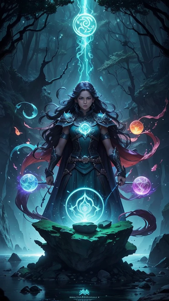 Central Symbol:A prominent illustration of the four Elemental Stones, each glowing with their respective colors (green for Earth, blue for Water, red for Fire, and white or yellow for Air). Arrange them in a circular pattern to signify their unity and balance.Background:A mystical, enchanted forest or a magical landscape, perhaps with a castle or ancient ruins in the distance. This sets the fantasy tone and provides a sense of adventure.Characters:Silhouettes or semi-transparent images of the four Guardians, each showcasing their elemental abilities (e.g., Elara with wind swirling around her, Kael with a rocky aura, Liora surrounded by flames, and Nerin with water currents).Title Font:Use a bold, ornate, and slightly magical font for the title "Guardians of the Elemental Stones." The title should be prominently displayed at the top or center of the cover.Subtle Details:Add smaller, intricate details like vines, ancient symbols, or faint magical glows to enhance the mystical feel.Color Scheme:Use a rich, vibrant color scheme with deep blues, greens, and purples for the background, contrasted with the bright, elemental colors of the stones.Lighting:Incorporate dynamic lighting effects to make the Elemental Stones and the Guardians stand out, giving the cover a magical and otherworldly glow.