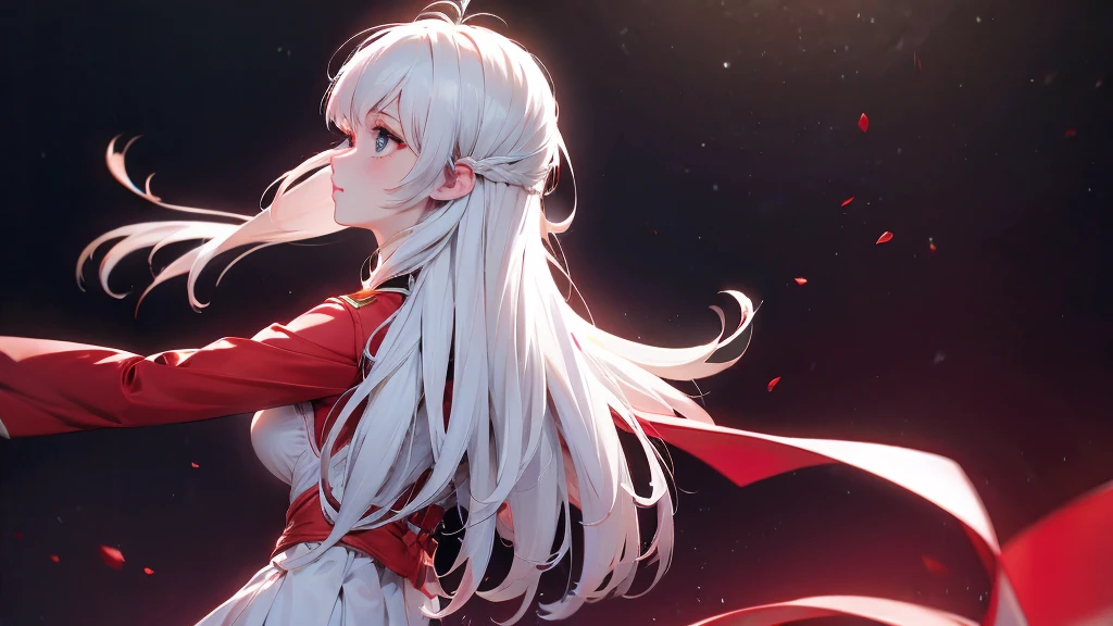 1 Girl, medium light white hair, light white eyes, wearing Red Suit 4D , night TOWN ???, high res, ultrasharp, 8K, masterpiece, looking from behind