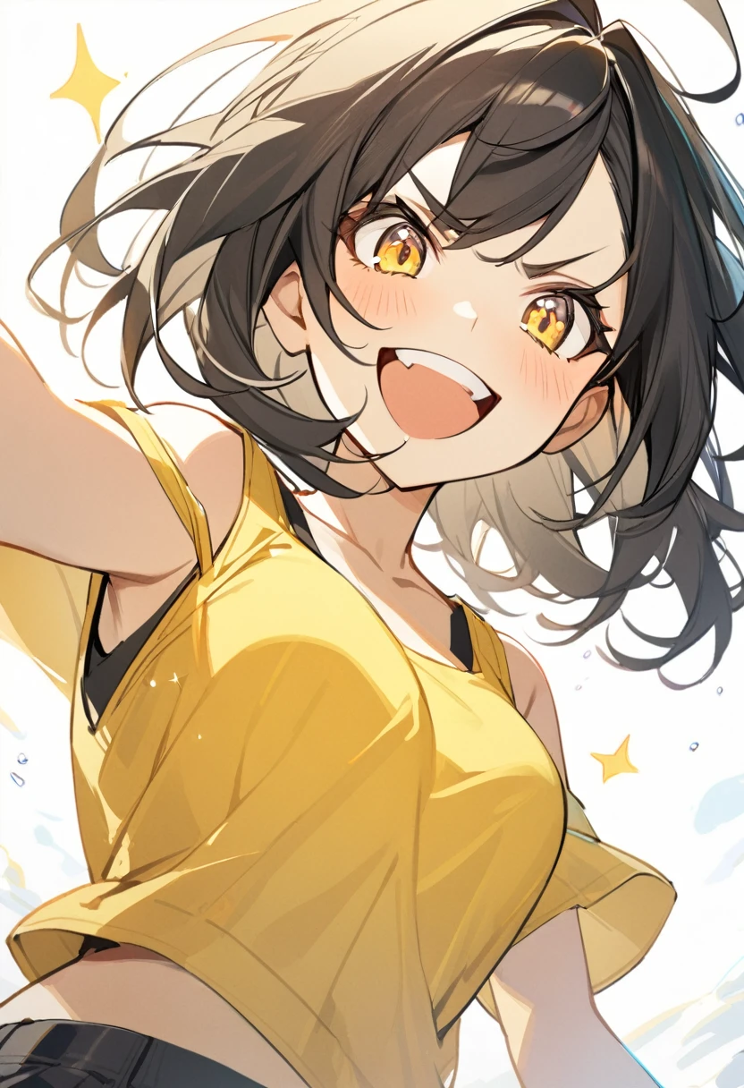 1girl, soght yellow eyeliner，((black medium hair))，sparkling yellow eyes，yellow tank top，white background，(fine hair)，wink，from below，upper body，laugh out loud