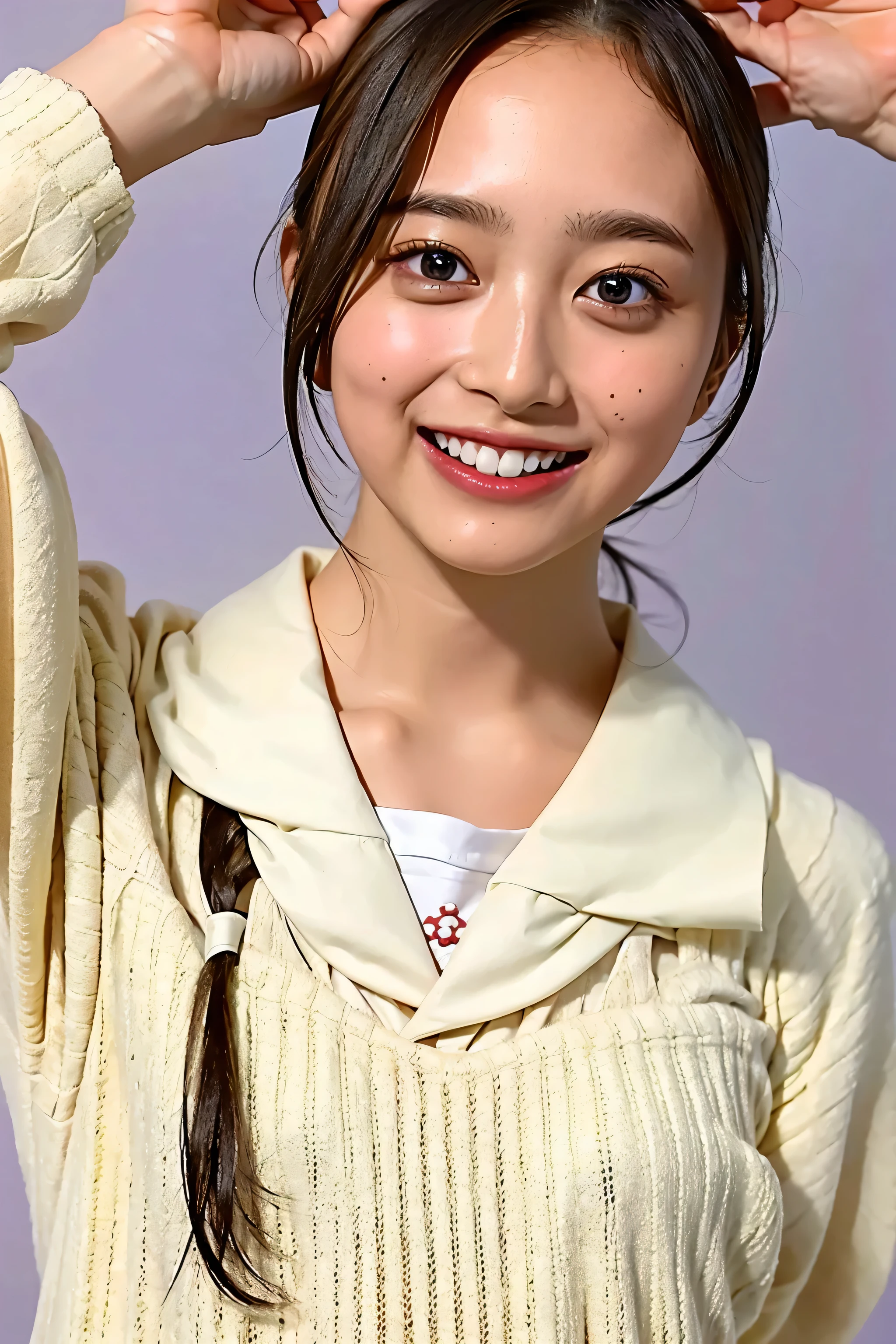 (((upper body shot))),Ultra-high resolution,big eyes,(brown eyes),Japanese,(forehead),(a girl),(1 girl),((18-year-old)),cute,pretty,((facing at viewer)),grin,(((white school sailor shirt))),pleated skirt