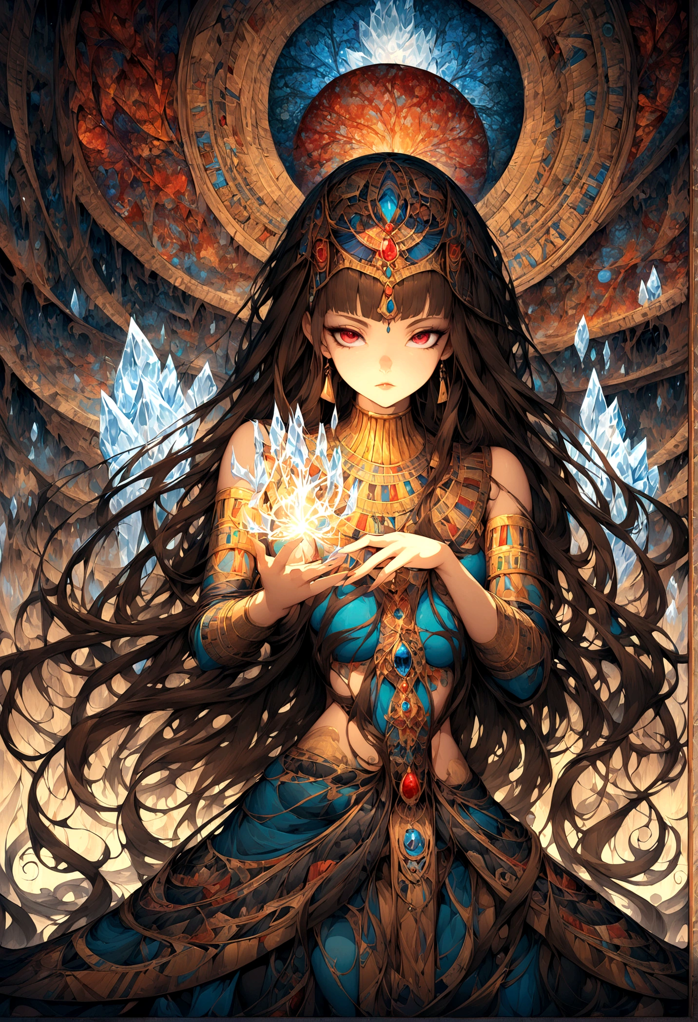 Practical, (masterpiece, Top quality, best quality, Beauty and aesthetics), Very detailed, Fractal Art, rich and colorful, tangled,Long hair, (Glittering red eyes), mystery, (magic), ice, Girl, ((Egyptian style))