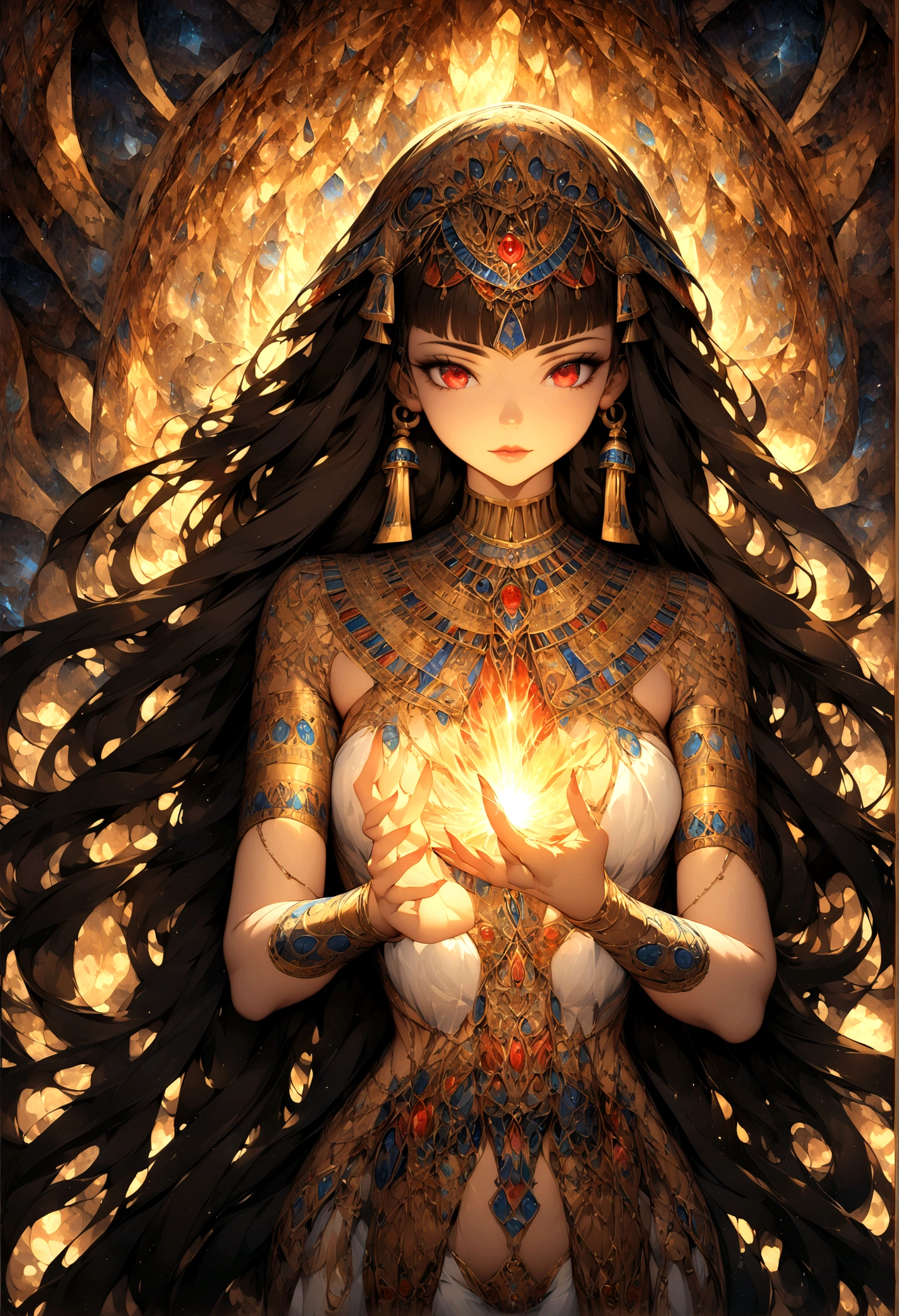 Practical, (masterpiece, Top quality, best quality, Beauty and aesthetics), Very detailed, Fractal Art, rich and colorful, tangled,Long hair, (Glittering red eyes), mystery, (magic), ice, Girl, ((Egyptian style))