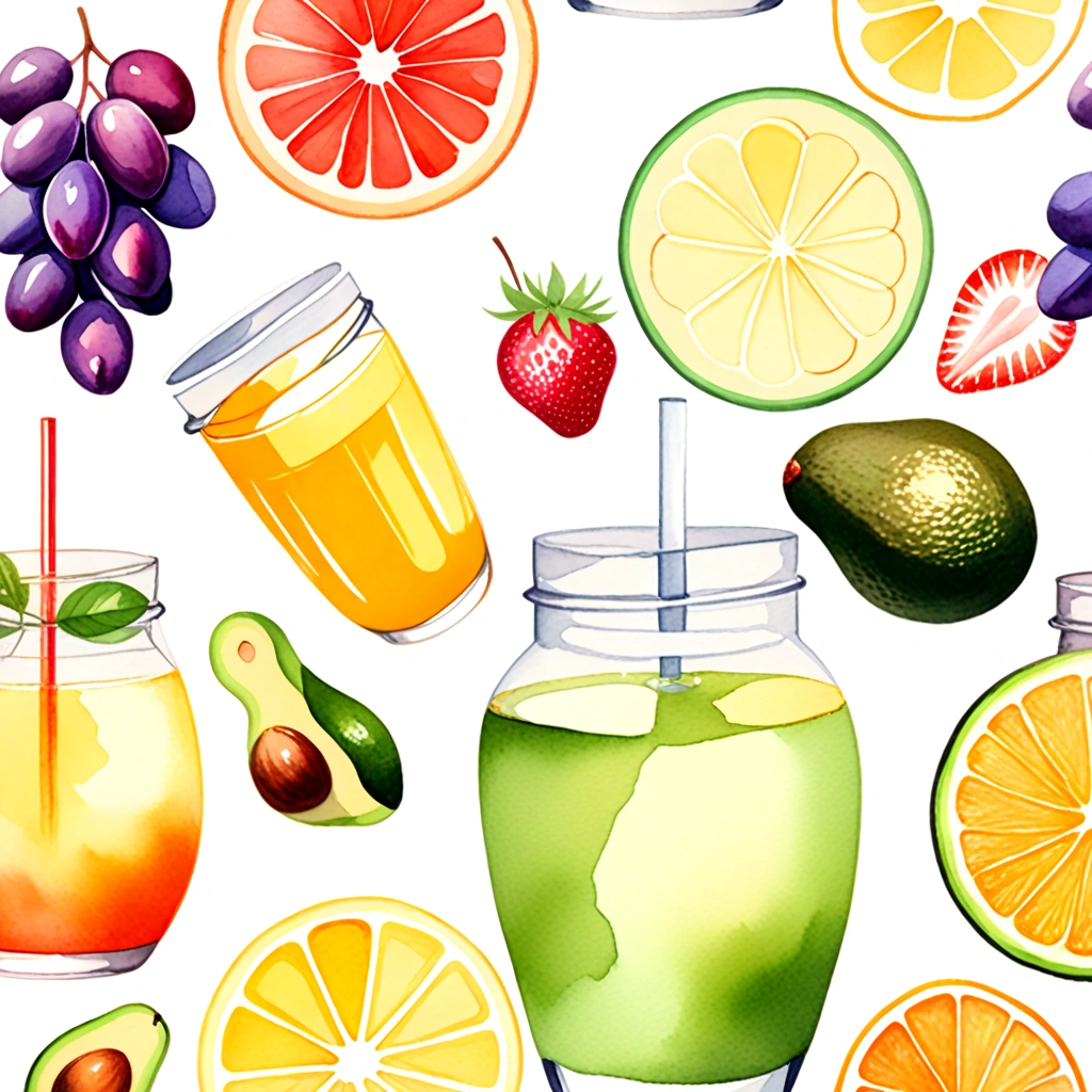 ((masterpiece)), ((best quality:1.2)), ((watercolor)), ((soft color))), ((minimalist)), ((negative space)), ((solid white background)), many type of healthy drinks, orange juice, avocado juice, strawberry juice, grape juice, 5 jar of infused water containing fruit with different type and color, ((no Clipping)), no shadow clipping, no object clipping, (((solid white background))), very subtle shadow, soft bright white lighting, soft shadow