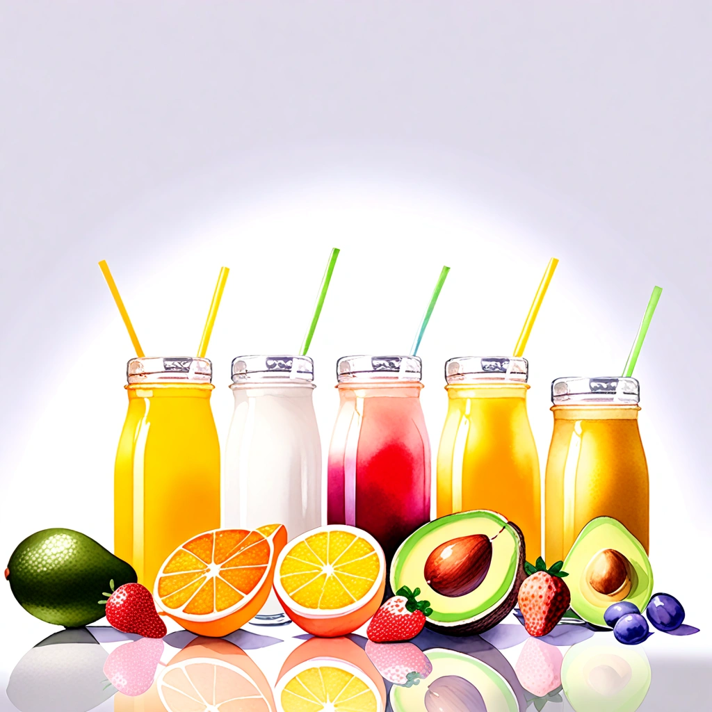 ((masterpiece)), ((best quality:1.2)), ((watercolor)), ((soft color))), ((minimalist)), ((negative space)), ((solid white background)), many type of healthy drinks, orange juice, avocado juice, strawberry juice, grape juice, 5 jar of infused water containing fruit with different type and color, ((no Clipping)), no shadow clipping, no object clipping, (((solid white background))), very subtle shadow, soft bright white lighting, soft shadow