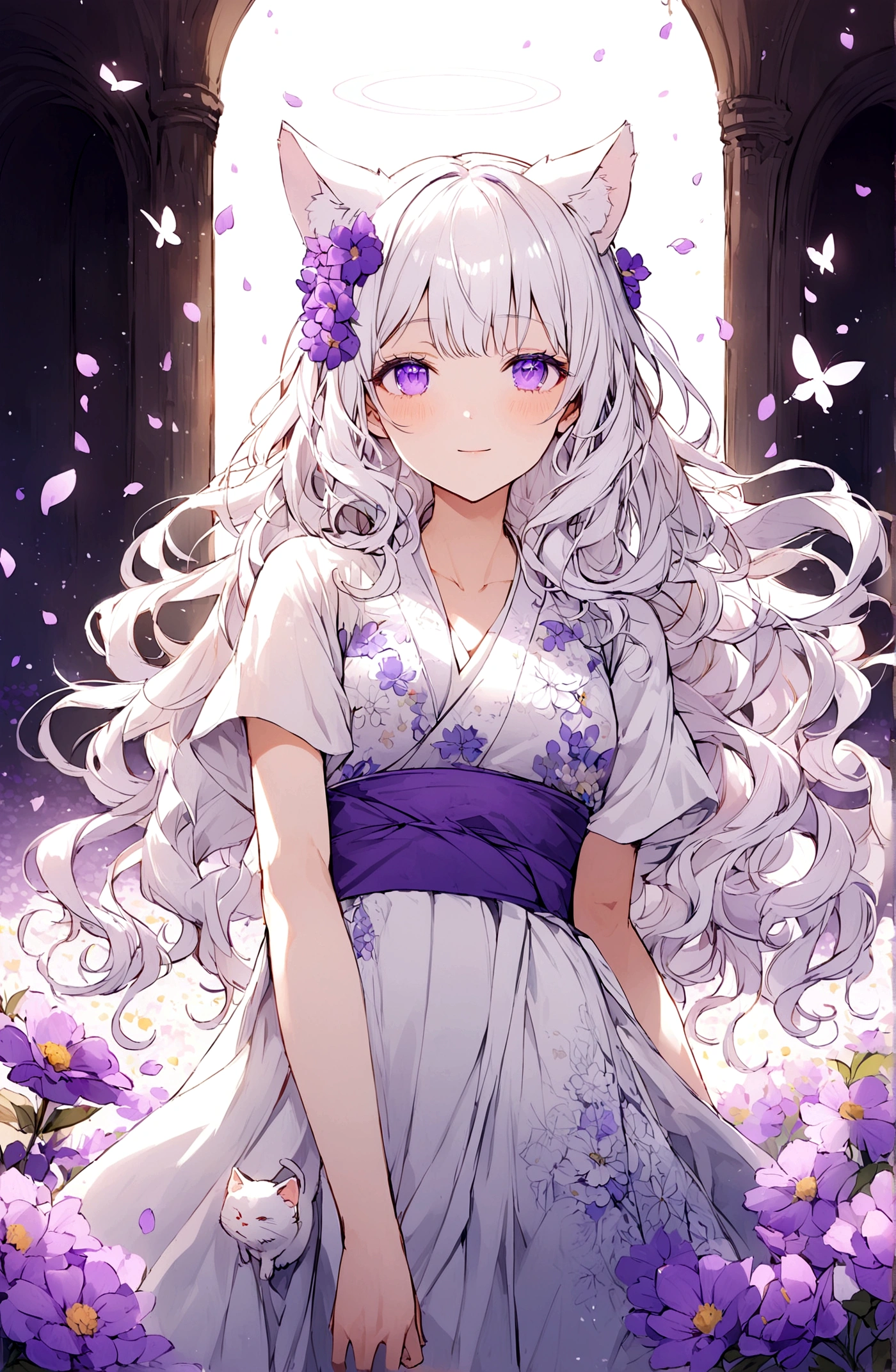 Wink,Long Wavy Hair,White hair is very attractive, Detailed and precise manual work, Attractive girl, White cat ears,Purple eyes and white eyelashes,light in your eyes,Angel&#39;s wing,Great light,A subject that stands out in a flower field, Petals flutter,A delicate white kimono with purple floral patterns, Hand-drawn illustration