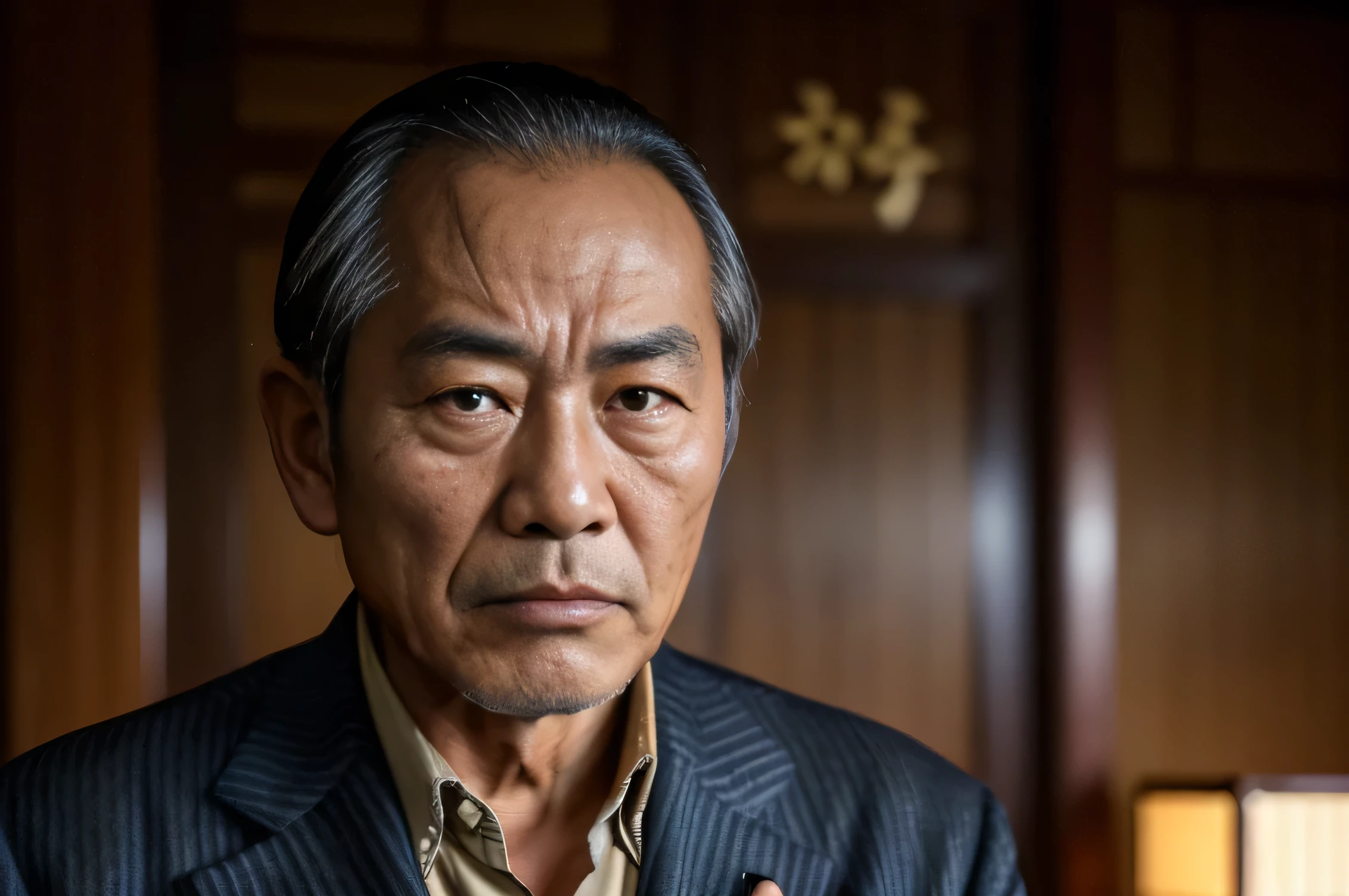 Japan, 1949. ((((57 years old)) Nobu Toshikazu)), Rugged appearance, intellectual, strong, ((He has a scar on his face)), Japan酒を飲む, ((Angry expression, Frowning)), ((((1940s businessman's attire, Elegant suits)))), ((Hairstyles from the 1940s)), color