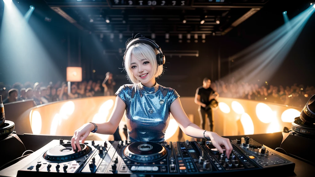 (ultra - detailed, 16K resolution, Cinema lenses, rendering by octane), (high resolution:1.18), intricate detail, (masterpiece:1.1), (highest quality:1.1), (1girl, portrait, white hair, blue eyes, short hair, detailed eyes),Wearing silver DJ headphones, Shiny silver sequined T-shirt, (Iconic hip-hop pop costumes:1.3), Smile while DJing on stage, full body shot of, The spotlight shines on the female DJ. Photorealistic photography by Disco Lighting, (cute round face:1.3), perfect fingers, five fingers, beautiful hands, perfect hands. master peace, cute smile.