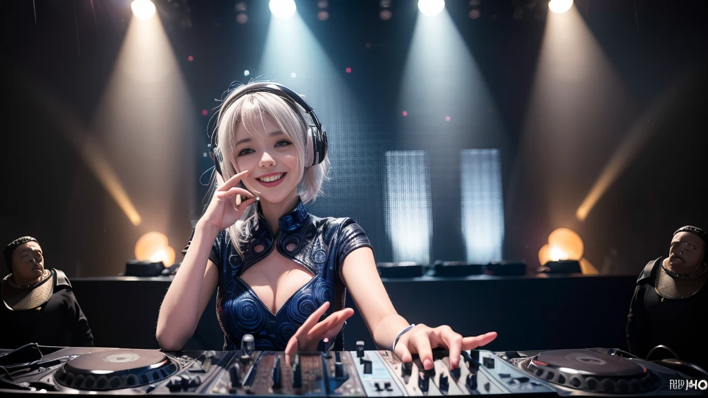 (ultra - detailed, 16K resolution, Cinema lenses, rendering by octane), (high resolution:1.18), intricate detail, (masterpiece:1.1), (highest quality:1.1), (1girl, portrait, white hair, blue eyes, short hair, detailed eyes),Wearing silver DJ headphones, Shiny silver sequined T-shirt, (Iconic hip-hop pop costumes:1.3), Smile while DJing on stage, full body shot of, The spotlight shines on the female DJ. Photorealistic photography by Disco Lighting, (cute round face:1.3), perfect fingers, five fingers, beautiful hands, perfect hands. master peace, cute smile.