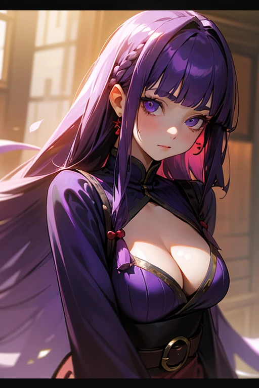 1 Girl, Blunt bangs, Braiding, Wide sleeves, hair ornaments, Red Belt, (Purple Hair:1.2), Very long hair, Straight hair, Looking at the audience, (Realistic:1.2), Beautiful Eyes, Red eyeshadow, Written boundary depth，thigh, (Urzan-6500:0.7), Upper Body, (alone:1.2), Cleavage, Shiny skin、bar counter