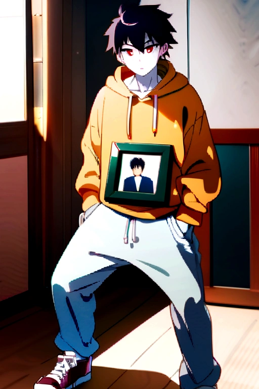 Anime boy ,Black hair,White skin ,Red eyes ,School photo frames ,Big cock makes pants bigger, Six pack ,Hoodie