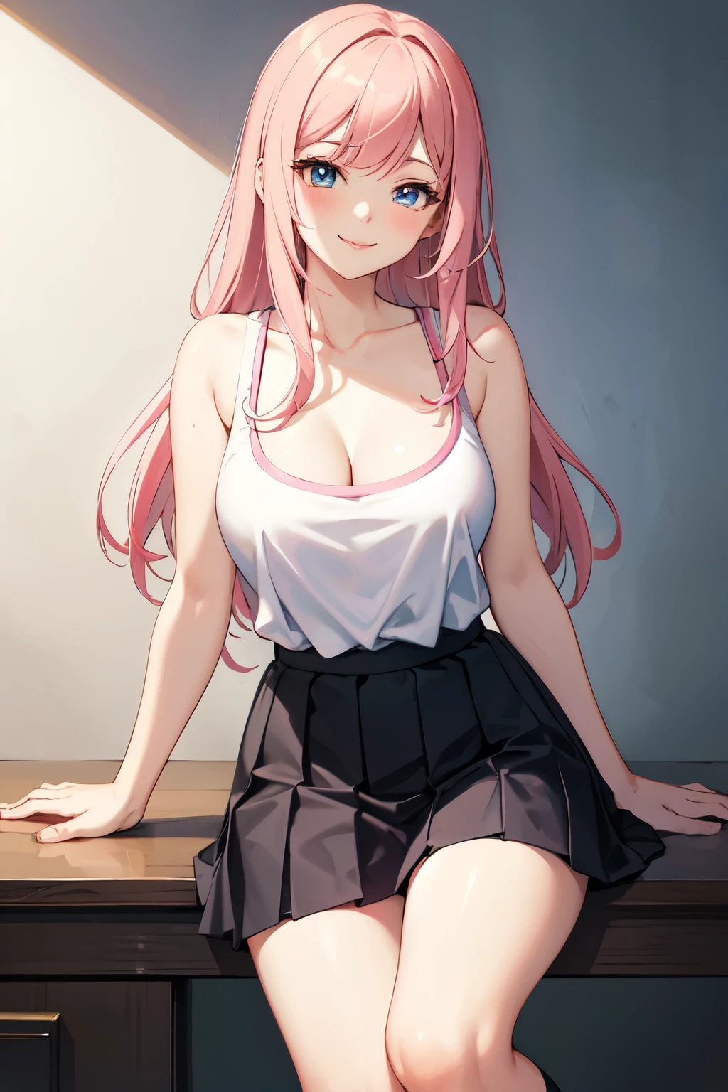((Highest quality)), ((masterpiece)), (detailed), high school girl,Lewd,Pink Hair,smile,Sleeveless T-shirt,Shaved,Knee socks,No bra