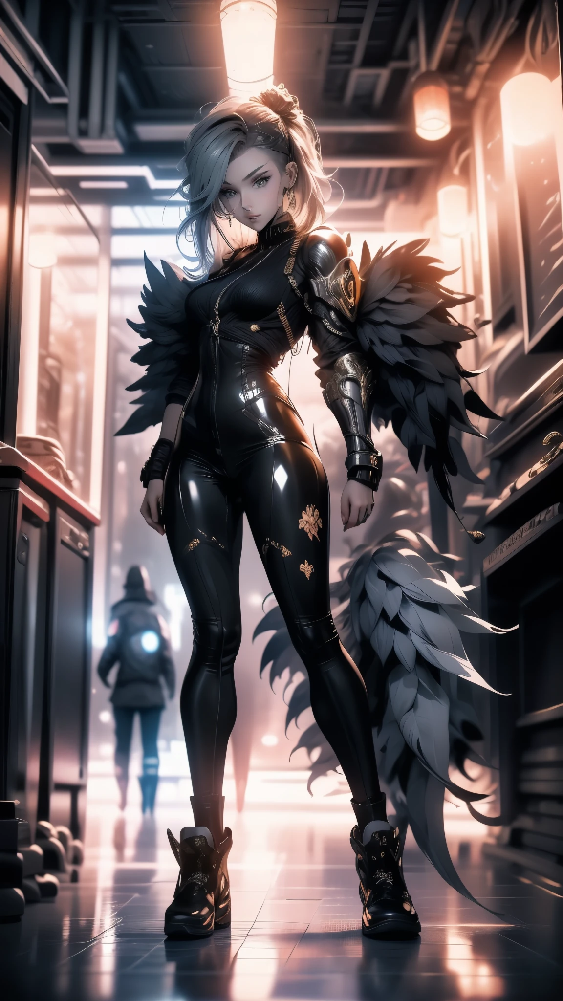3D impressionist illustration, Fisheye lens effect image, Masterpiece, Low Contrast, A Russian girl in her early 20s with ash grey hair, Fallen Angel, Black Angel, Ultra-near-future protectors, Full body portrait, Uplifting, A brave sword-wielding man, Uplifting, High Contrast, A futuristic city in the background, Gorgeous, A night view smattering with brilliant colors,