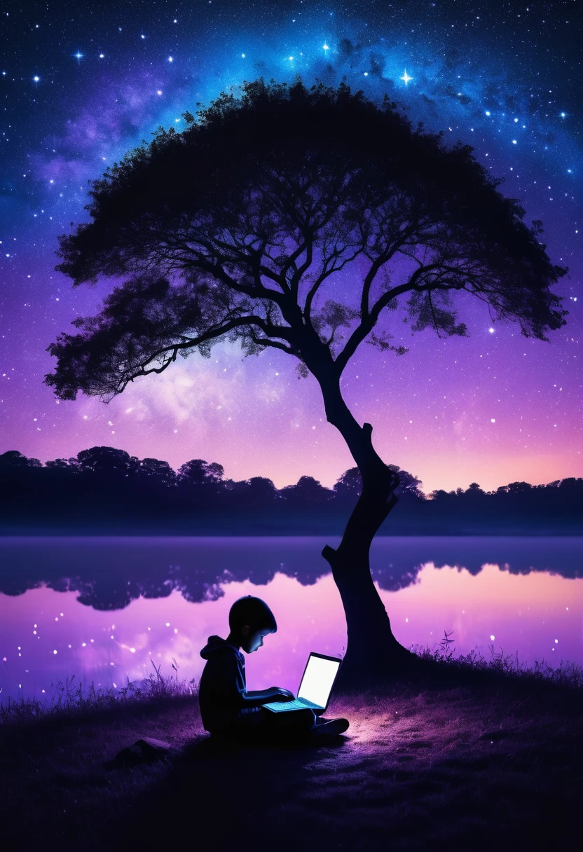 A silhouette of a boy sitting and using laptop under a tree at the edge of the image. The background is a dreamy night sky with bright stars scattered across it. The scene is bathed in soft, purple and blue hues, creating a peaceful and serene atmosphere. The overall mood is tranquil and contemplative."