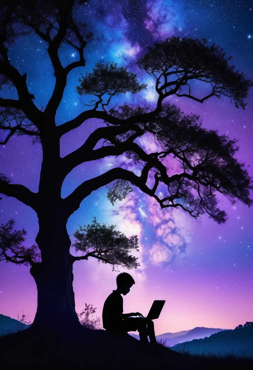 A silhouette of a boy sitting and using laptop under a tree at the edge of the image. The background is a dreamy night sky with bright stars scattered across it. The scene is bathed in soft, purple and blue hues, creating a peaceful and serene atmosphere. The overall mood is tranquil and contemplative."