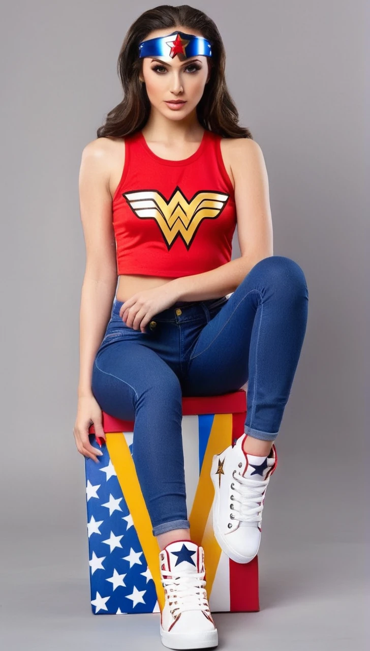 a pair of women dancer's trainers. very High top. reinforced extended top. featuring a wonder woman design theme. soft material. chunky sole. stars and stripes under sole