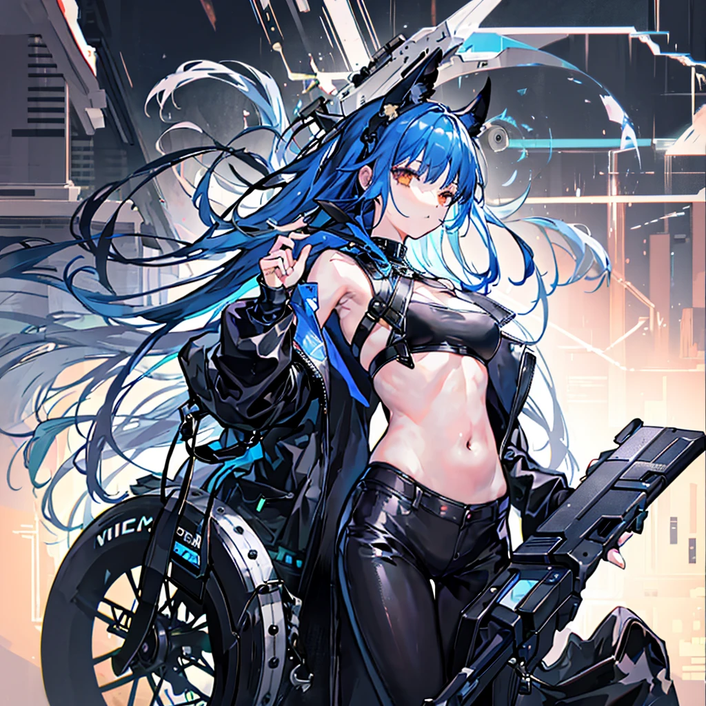 NSFM1.9. Showing Off Her 、NSFM1.9 Showing Off、
One Girl、
Highest quality、masterpiece、Arc Records characters、Ariel、Wearing black pants、I can see her thighs、The belly button is visible、Wearing a black leather jacket、One Girl、Blue Hair、long hair、Holding a gun in his right hand、Looking Back、Left facing、