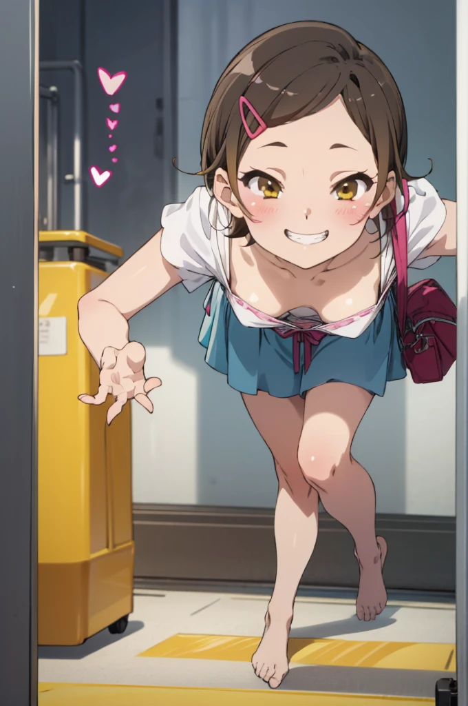 ,,(petite), 1girl, looking at viewer, , hazuki katou,,,, ,my room,,blush,(spoken heart),,medium breasts,leaning forward,(evil smile,grin),girlish costume