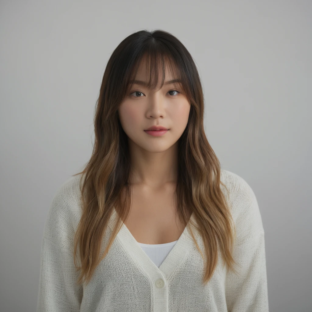 Best Quality, 8k, Masterpiece, (Portrait: 1.3), (photo realistic:1.4), (hyper realistic:1.4), Sharp Focus, looking at viewer, (smoother lighting:1.1), (increase cinematic lighting quality:0.9), realistic lighting, backlighting, light on face, ray trace, (brightening light:1.2), (Increase quality:1.4), sharp detail, (best quality real texture skin:1.4), finely detailed eyes, black_eyes, finely detailed face, 25 year old Korean woman, (white formal_shirt:1.4), (Create an image maintaining the original base model hairstyle:1.5)
