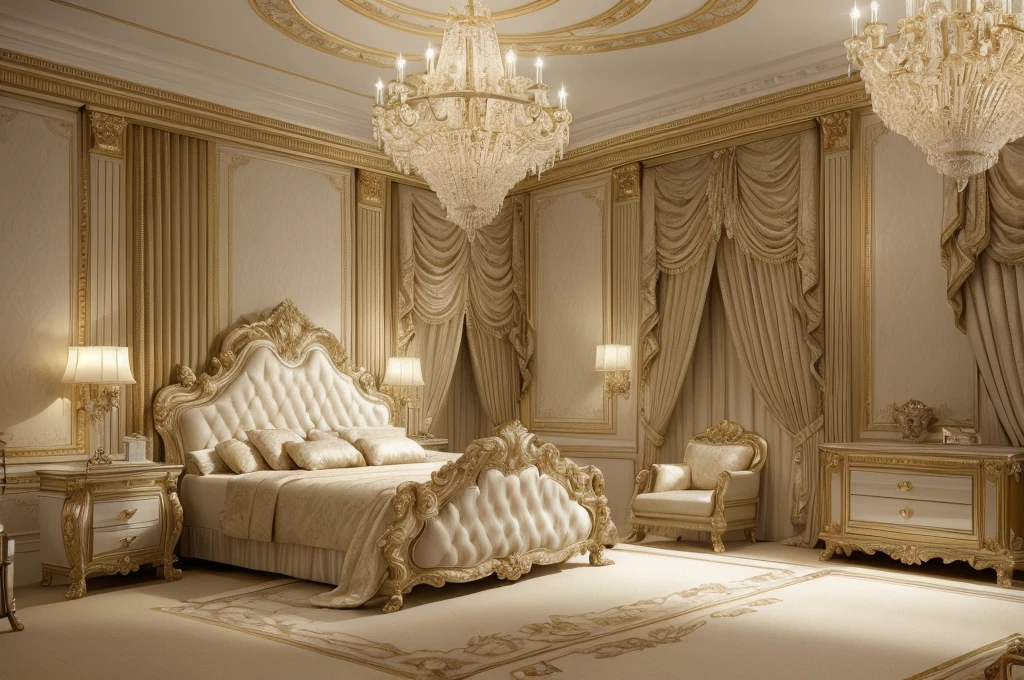 a close up of a bedroom with a bed, chairs, and a chandelier, luxury furniture, luxury hd render, elegant interior, elegant and ornate, elegant render, classicism style, luxurious environment, bedroom interior, elegant baroque, neoclassicism style, elegant furniture, classicism artstyle, royal interior, ornate and elegant, high quality 3d render