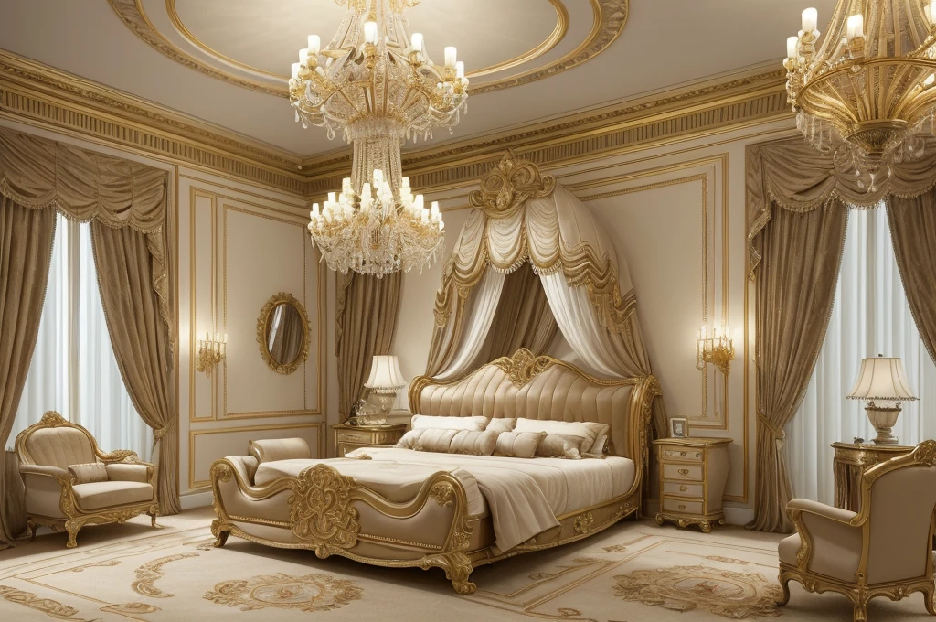 a close up of a bedroom with a bed, chairs, and a chandelier, luxury furniture, luxury hd render, elegant interior, elegant and ornate, elegant render, classicism style, luxurious environment, bedroom interior, elegant baroque, neoclassicism style, elegant furniture, classicism artstyle, royal interior, ornate and elegant, high quality 3d render