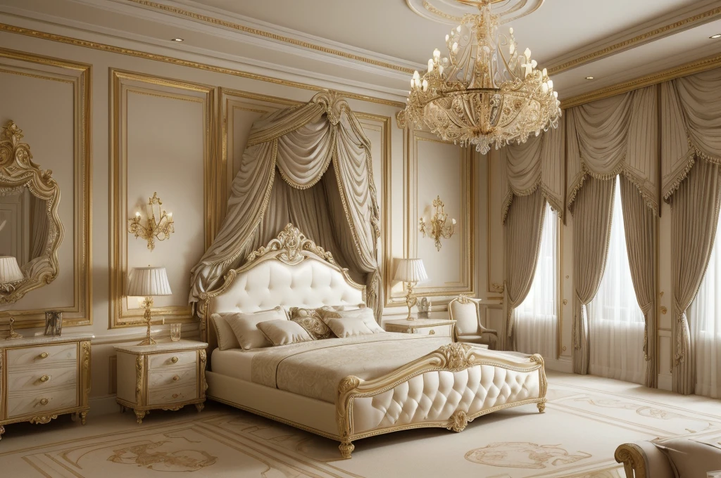 a close up of a bedroom with a bed, chairs, and a chandelier, luxury furniture, luxury hd render, elegant interior, elegant and ornate, elegant render, classicism style, luxurious environment, bedroom interior, elegant baroque, neoclassicism style, elegant furniture, classicism artstyle, royal interior, ornate and elegant, high quality 3d render