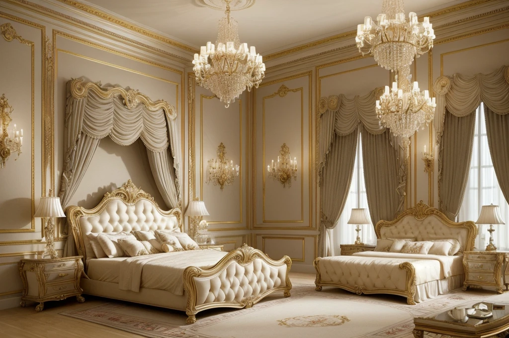 a close up of a bedroom with a bed, chairs, and a chandelier, luxury furniture, luxury hd render, elegant interior, elegant and ornate, elegant render, classicism style, luxurious environment, bedroom interior, elegant baroque, neoclassicism style, elegant furniture, classicism artstyle, royal interior, ornate and elegant, high quality 3d render