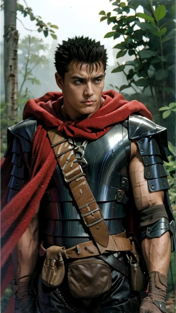 guts、Upper Body、smile、forest、Masterpiece、Highest quality、Dirty black armor、Dirty Red Cape、A little angry