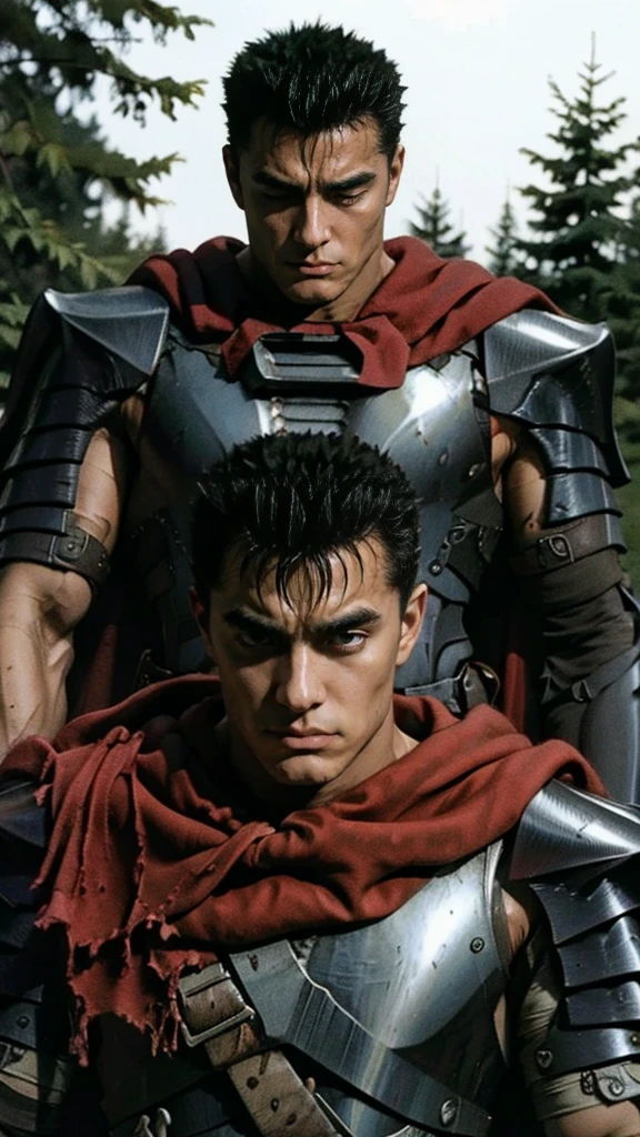 guts、Upper Body、smile、forest、Masterpiece、Highest quality、Dirty black armor、Dirty Red Cape、A little angry