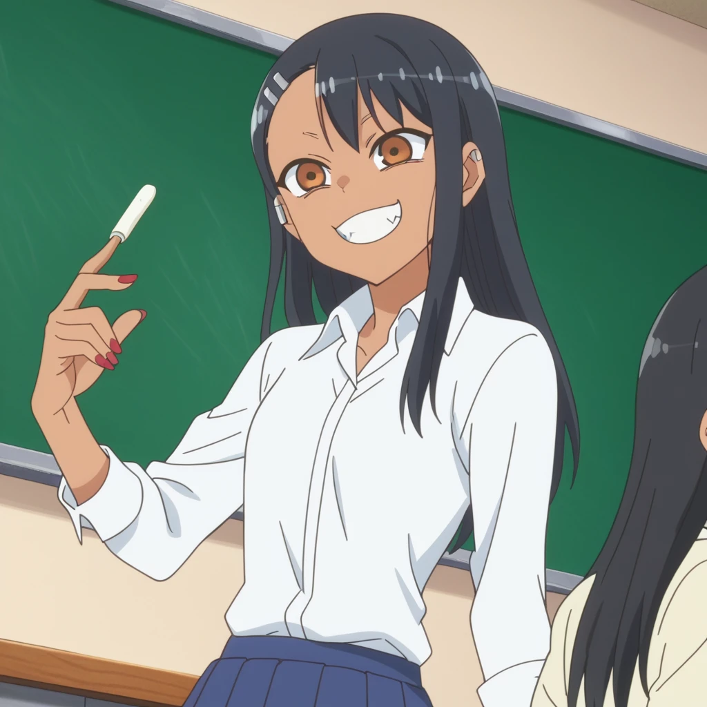 score_9, score_8_superior, score_7_superior, sauce_anime, anime screencap, anime coloring, 
Hayase Nagatoro,
hayase nagatoro, Long Hair, bangs, Black Hair, hair ornaments, Brown eyes, Hair Clip, tooth, Dark Skin, Dark skinned women, Sunburn,
skirt, shirt, , white shirt, pleated skirt, Manicure, blue skirt, Red nails, Ear Clip,
indoor, classroom, I had already finished, smile,
View your viewers, Cowboy Shot, alone, Dutch Angle,