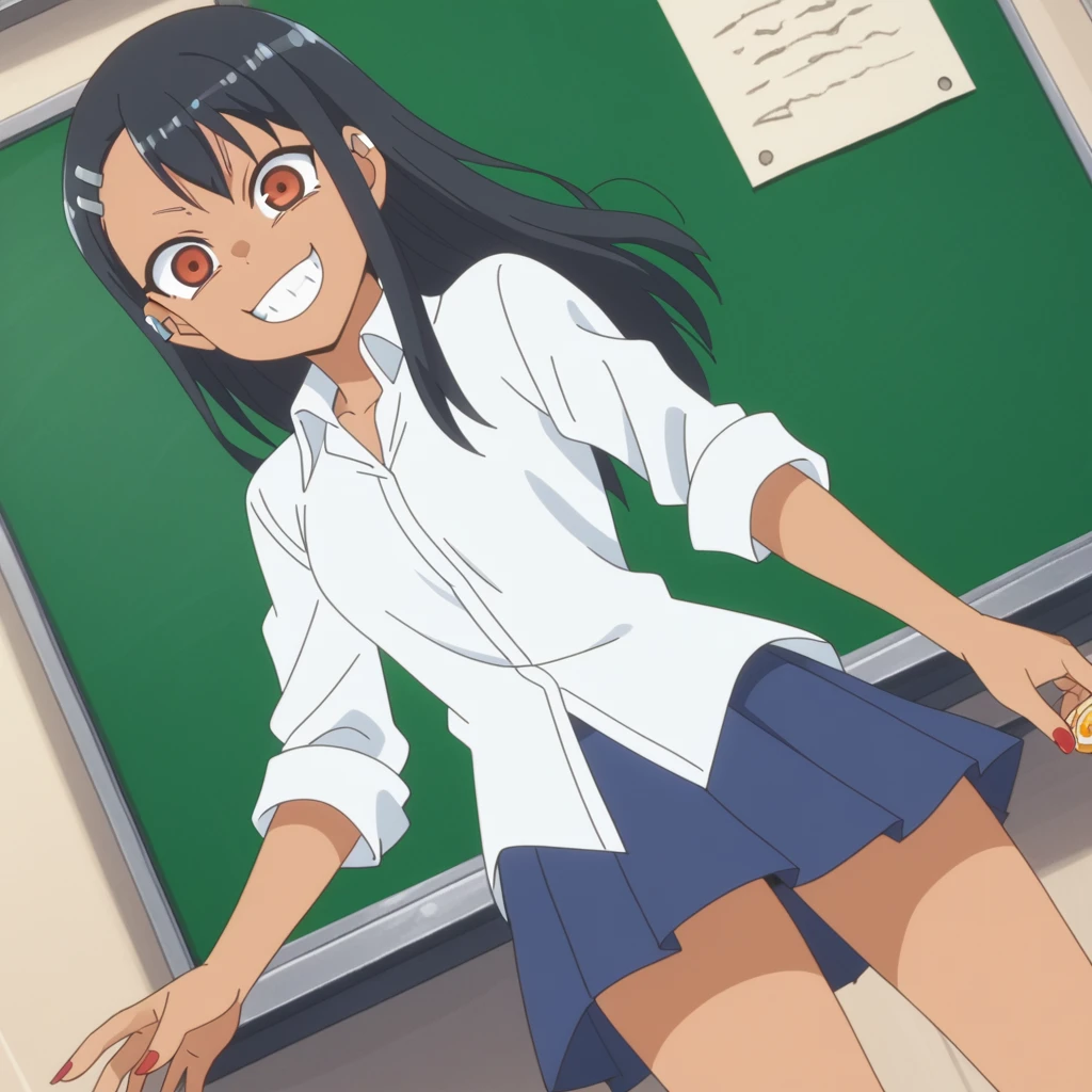 score_9, score_8_superior, score_7_superior, sauce_anime, anime screencap, anime coloring, 
Hayase Nagatoro,
hayase nagatoro, Long Hair, bangs, Black Hair, hair ornaments, Brown eyes, Hair Clip, tooth, Dark Skin, Dark skinned women, Sunburn,
skirt, shirt, , white shirt, pleated skirt, Manicure, blue skirt, Red nails, Ear Clip,
indoor, classroom, I had already finished, smile,
View your viewers, Cowboy Shot, alone, Dutch Angle,