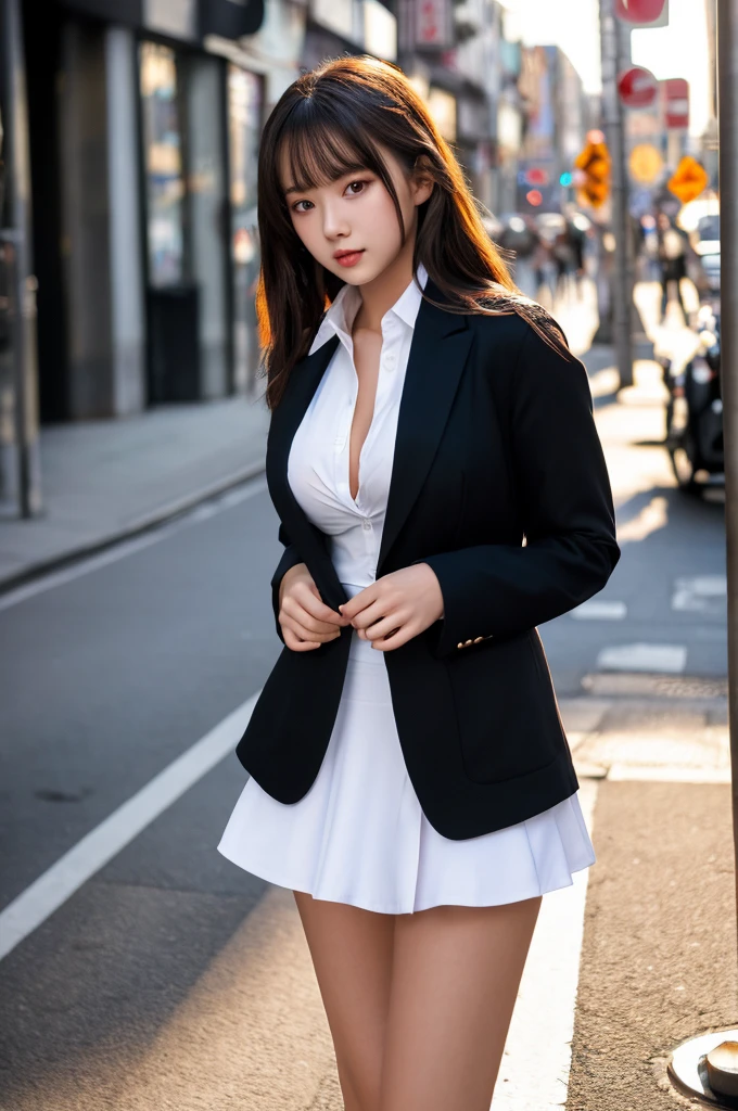 a 18 year old girl, she is the most beautiful actress in the world, the perfect body proportions of this girl, her upper body with it's large breasts in formal shirt are firmly worn by blazer, the panties between her legs are seen just a little thanks to the short skirt is too short, her bare thighs, standing, at the city street, best quality, highly detailed, masterpiece, ultra high res, photo realistic, 8k