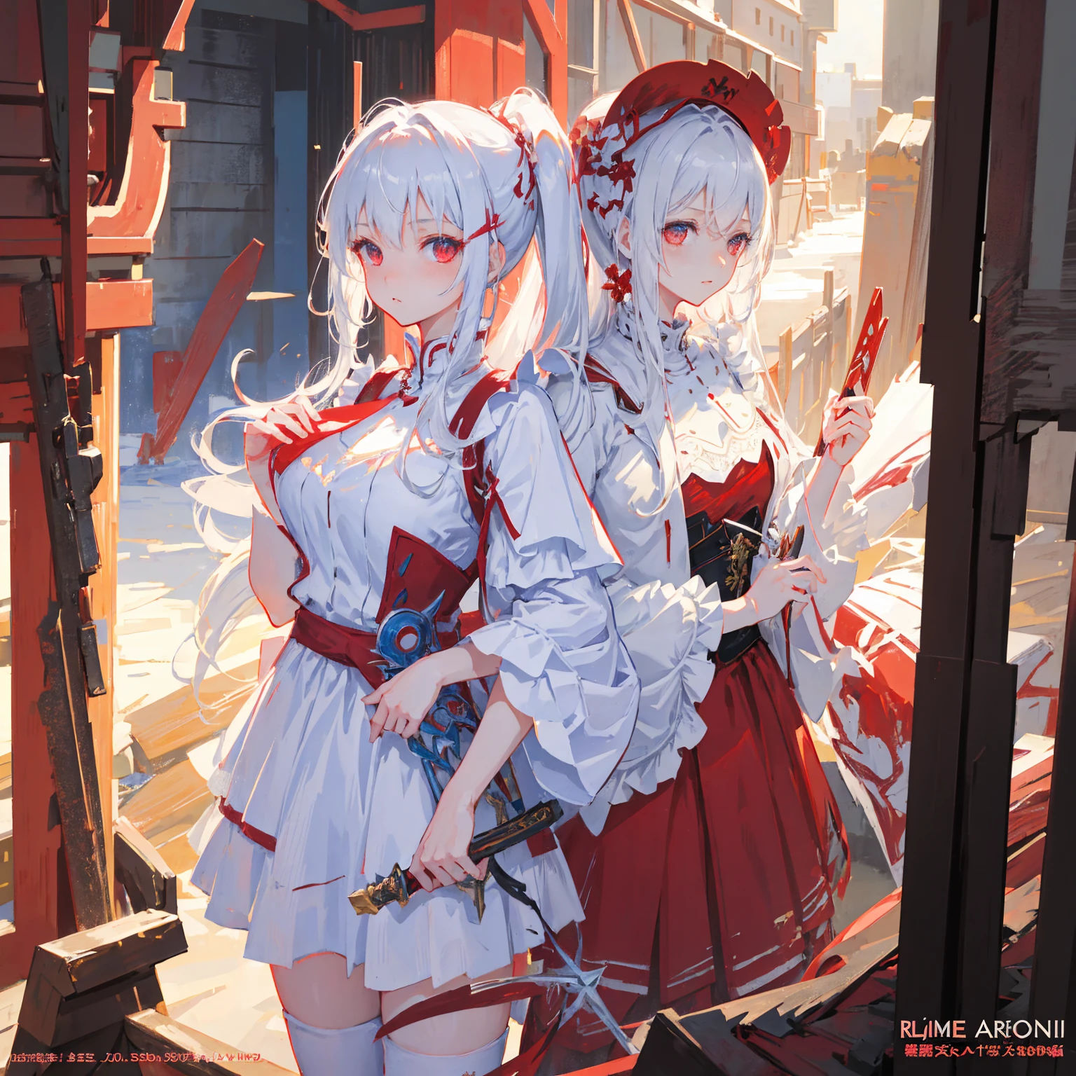 Wearing a red and white dress、anime girl holding sword, Highly detailed official artwork, Epic Light Novel Cover Art, epic Light novel cover art, Silver and red armor, guweiz on pixiv artstation, Anime style 4k, Detailed key animation art, Light novel cover art, Anime Fantasy Artwork，White hair and red eyes，Side Ponytail，Waist-length hair，1 Girl，Portraiture，Ark of Tomorrow