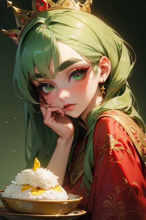 (Highest quality, masterpiece:1.2), High resolution, Very detailed, Realistic:1.37, Fantasy, An illustration, Green Eyes、Queen, Red lace dress.Platinum decoration、beautifully、Eyeshadow Red、Thick eyebrows、Long eyelashes、pupils are black、Her hair is dark green、Gold crown、Kissing Face、Embarrassing、Beloved by the crowd、Hair is green、Braiding、hair ornaments、((Eat omelet rice))
