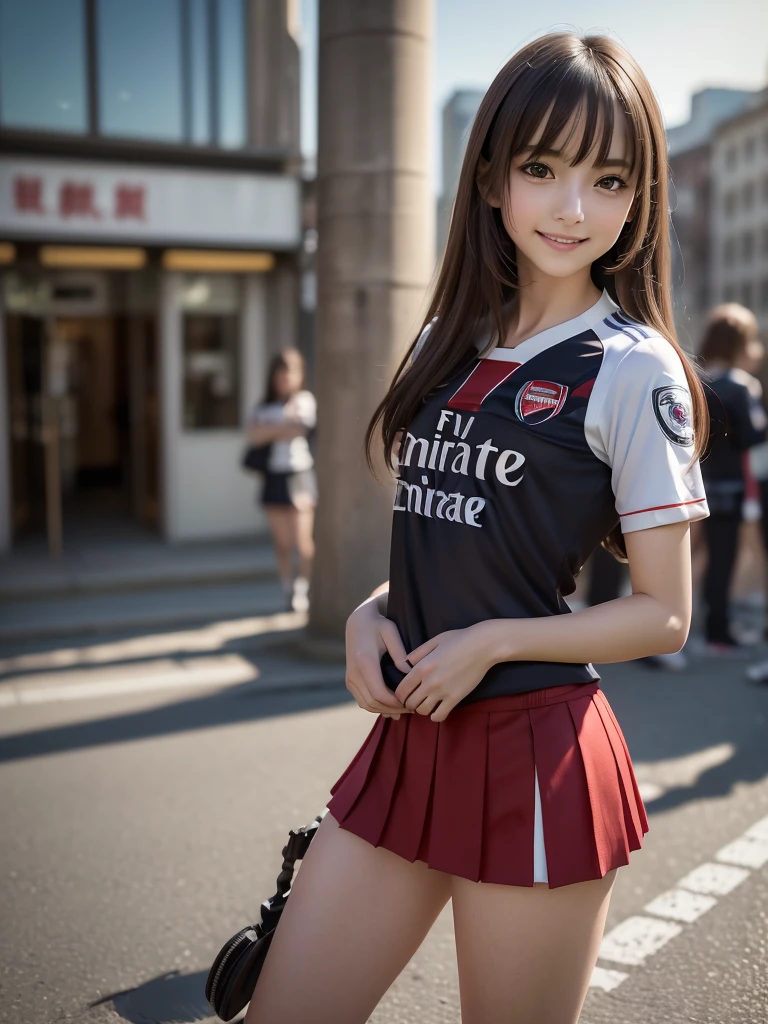 (8K, RAW Photos, Highest quality, masterpiece:1.2), (Realistic, photo-Realistic:1.4), (Highly detailed 8K wallpapers), ((Full Body Shot)), (1 girl), Sharp focus, Depth of written boundary, Cinematic lighting, Soft Light, 緻密な美しさのeye, eye_Chan, Very beautiful 17 year old girl, innocent big eyes, Realistic, photo Realistic, Highly detailed cute girl, (Thin thighs), (Model Body Type), (((Arsenal Soccer Jersey))), ((Micro Mini Pleated Skirt)), (((Fold your arms in front of your chest and act arrogantly))), ((A happy smile)), Parted lips, Watching the audience, (On the streets of Britain) , (Brown Hair),(Long Bob Hair), (Asymmetrical bangs)