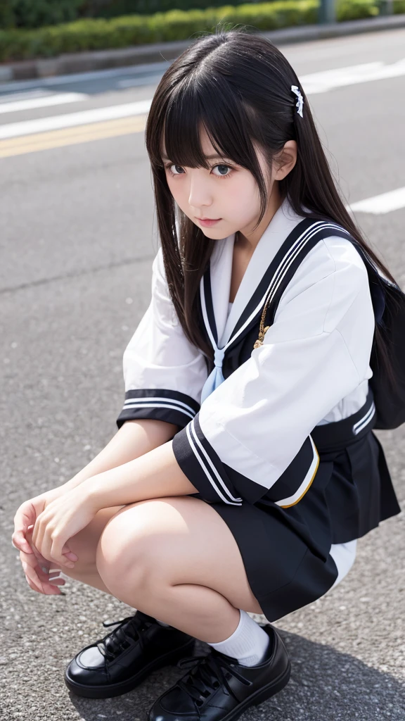 Japanese、18-year-old high school girl、Black sailor suit mini skirt、Crouching