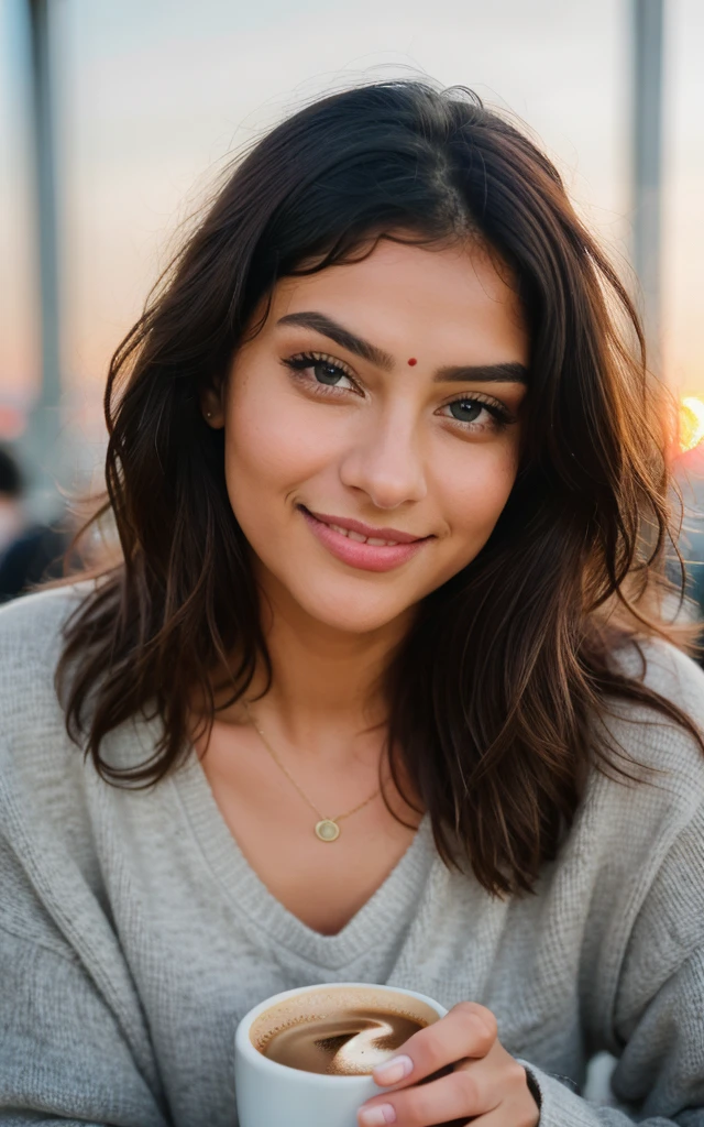 Cute beautiful Indian with black sweater (Drinking coffee in a modern café at sunset), muito detalhado, 14years old, innocent face, naturally wavy hair, blue eyes, high-res, masterpiece, best qulaity, Intricate detailing, muito detalhado, sharp focus, detailed skin, realistie Hauttextur, Textur, detailled eyes, professional, 4K, charming smile, taken with Canon, 85 mm, light depth of field, Kodak Vision Color, perfectly fitting body, extremely detail, photoshot_\(ultra\), fotorealisti, realisti, Post processing, maximum details, roughness, real life, ultrarealisti, photoshotrealismus, photoshotgrafie, 8K UHD, photoshotgrafie 100px