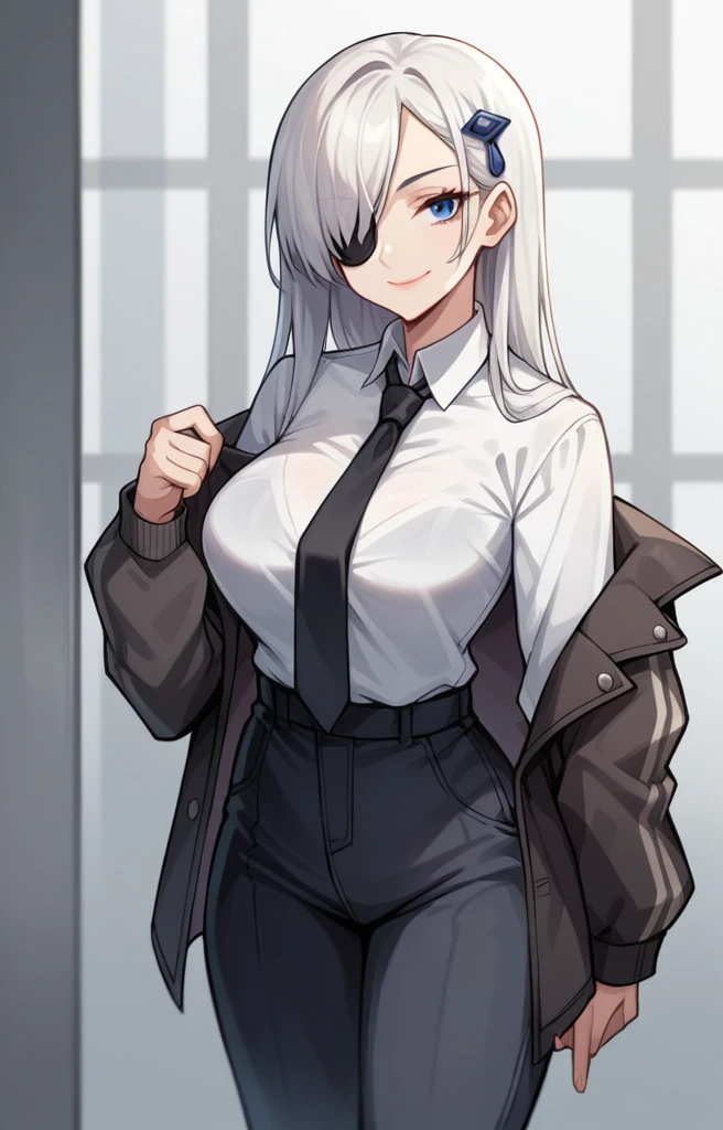 score_8_up, score_7_up, score_6_up, score_5_up, score_4_up, score_3_up, 1girl, solo, long hair, looking at viewer, smile, shirt, hair ornament, closed mouth, jacket, white shirt, white hair, necktie, collared shirt, hair over one eye, lipstick, blue eyes, eyepatch, black necktie, cleavage,big breasts,