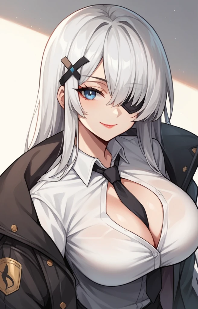 score_8_up, score_7_up, score_6_up, score_5_up, score_4_up, score_3_up, 1girl, solo, long hair, looking at viewer, smile, shirt, hair ornament, closed mouth, jacket, white shirt, white hair, necktie, collared shirt, hair over one eye, lipstick, blue eyes, eyepatch, black necktie, cleavage,big breasts,